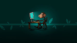 Cartoon Monkey Programmer at Desk with Glowing Monitor in Dark Room HD wallpaper