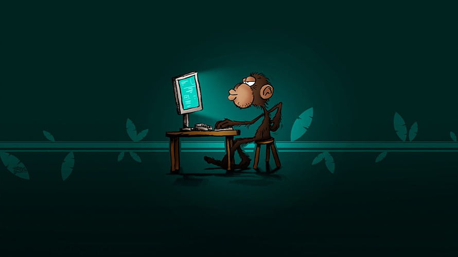 Cartoon Monkey Programmer at Desk with Glowing Monitor in Dark Room HD wallpaper