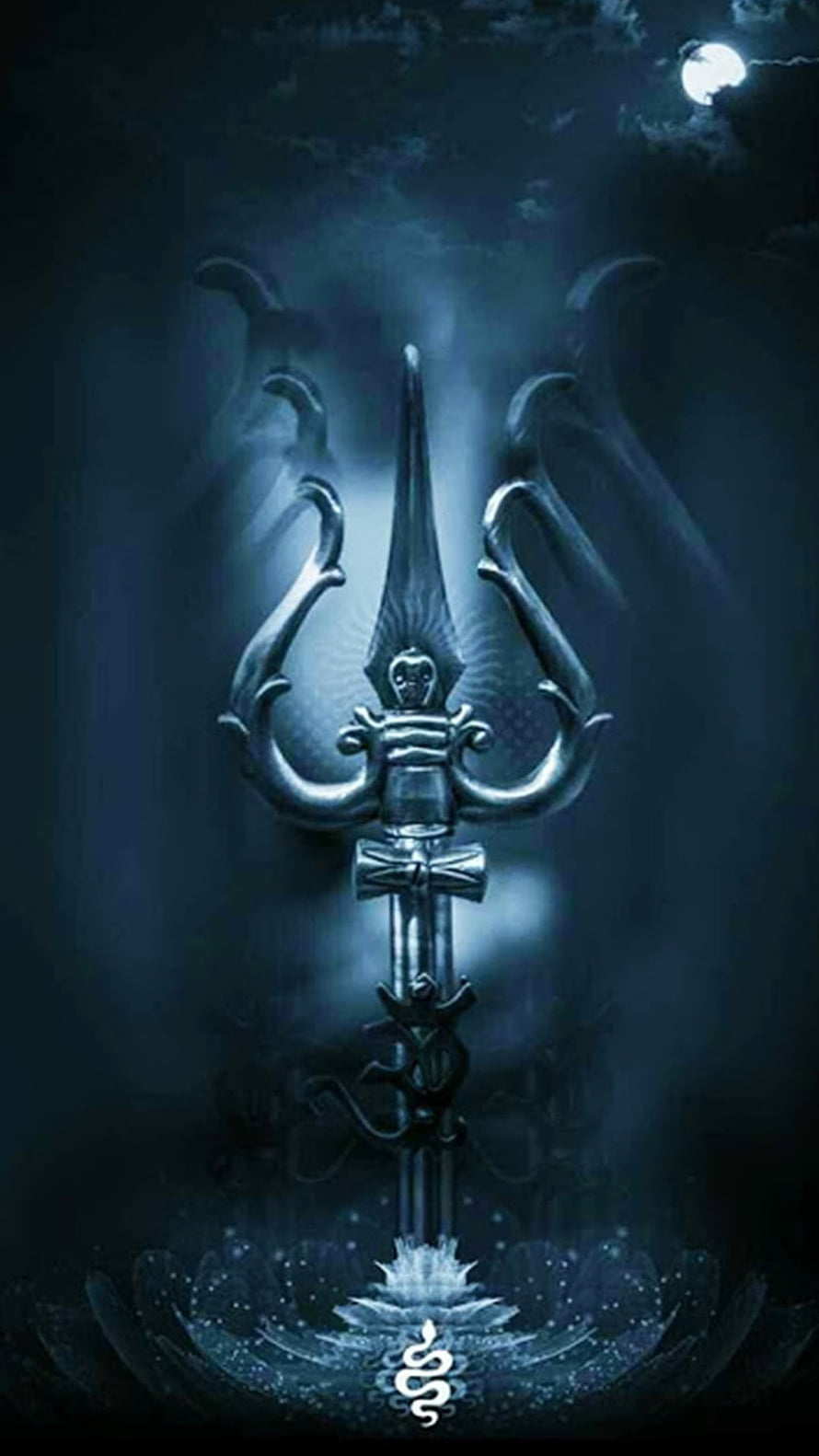 Mystical Trishula Trident on Lotus Under Moonlight HD phone wallpaper