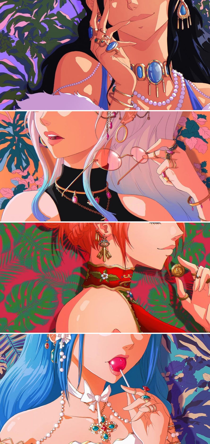 Four Anime Girls With Colorful Hair Wearing Jewelry And Tropical Backgrounds HD phone wallpaper