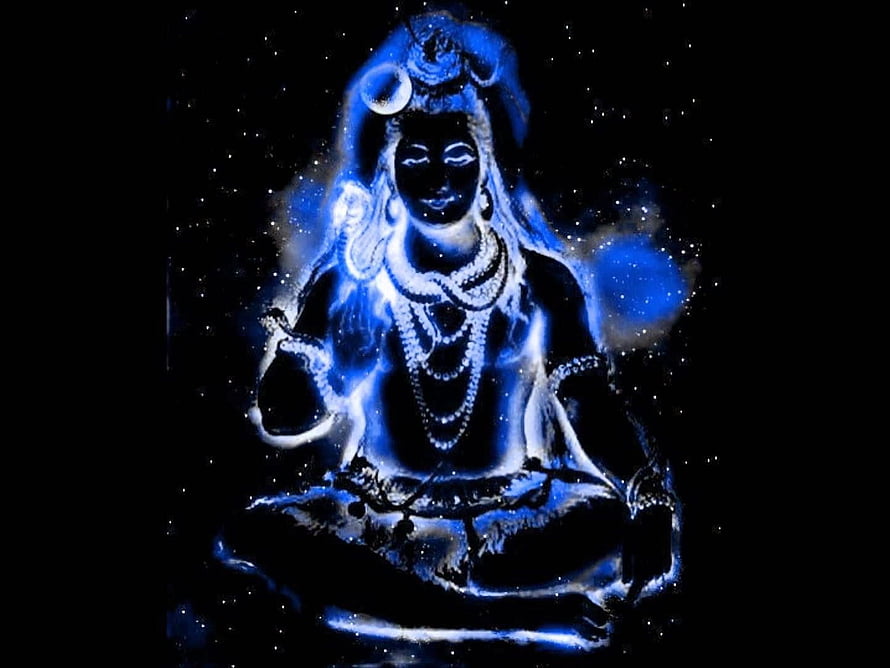 Glowing Blue Shiva Meditation Artwork with Crescent Moon and Starry Background HD wallpaper