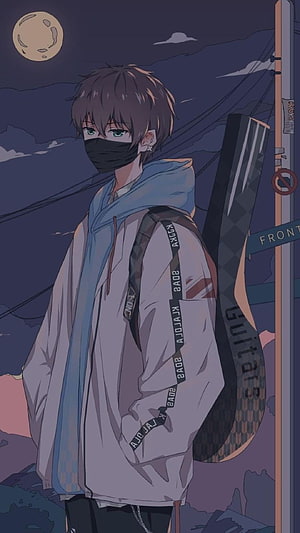 Anime Boy With Guitar Case Under Moonlight Night Sky HD phone wallpaper