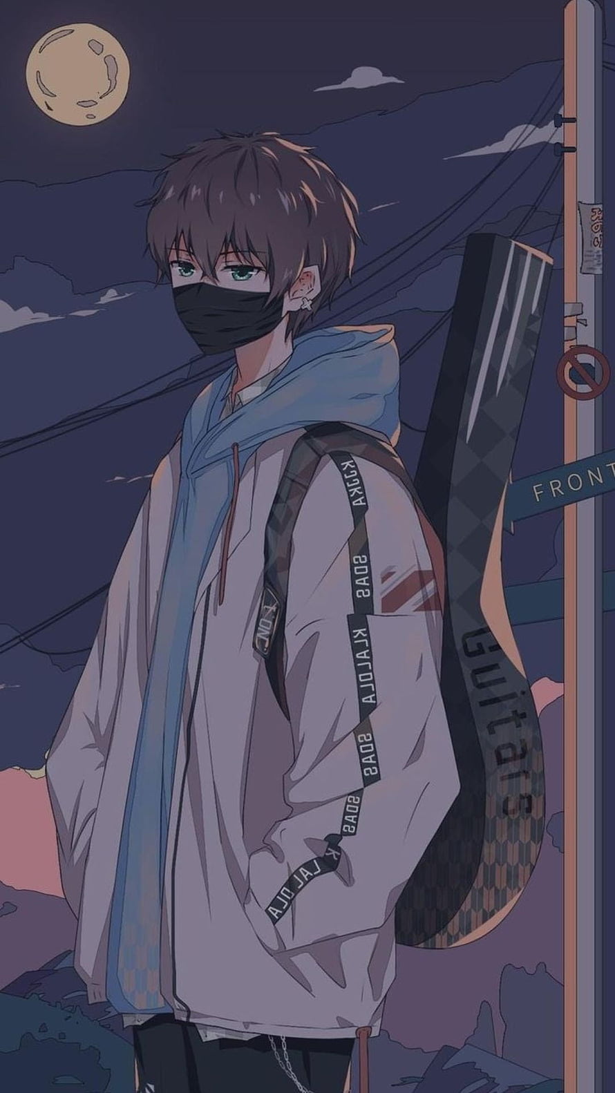Anime Boy With Guitar Case Under Moonlight Night Sky HD phone wallpaper