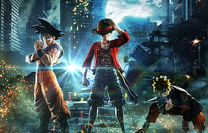 Goku, Luffy, and Naruto standing together in a destroyed city with sparks and dramatic lighting HD wallpaper