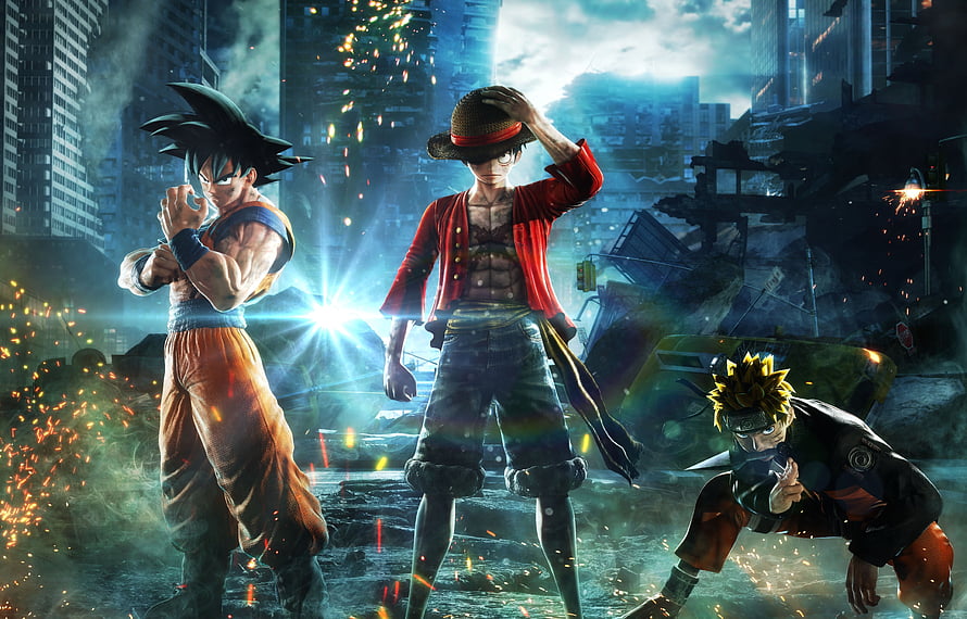 Goku, Luffy, and Naruto standing together in a destroyed city with sparks and dramatic lighting HD wallpaper