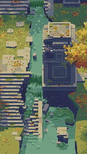 Pixel Art Ruins Overlooking a Serene River in Autumn HD phone wallpaper