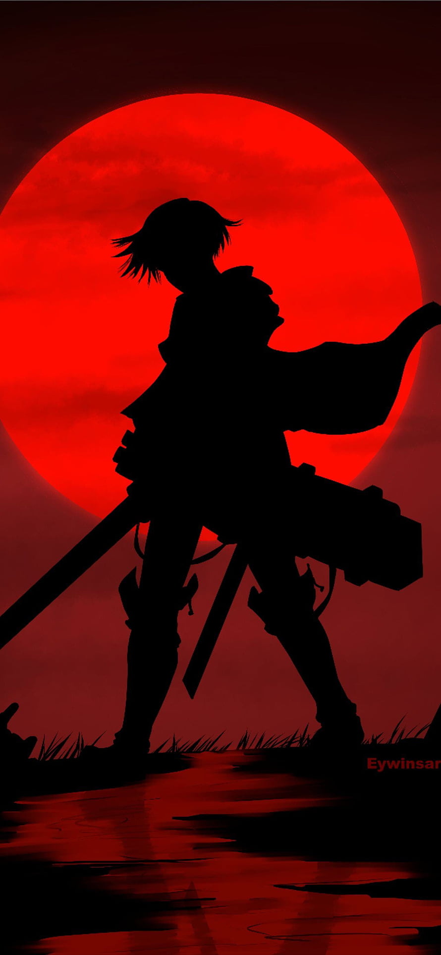 Silhouette of a warrior with a large sword standing before a giant red moon HD phone wallpaper