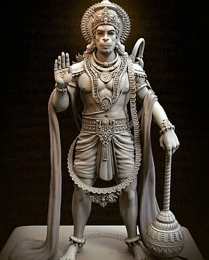 Lord Hanuman 3D Sculpture with Gada Mace and Sacred Om Symbol, : High Resolution Lord Hanuman, Lord Hanuman Black and White HD phone wallpaper