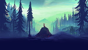 Illustrated Fox Sitting on Rock in Misty Pine Forest with Aurora Borealis HD wallpaper