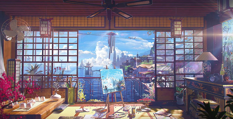 Sunny Japanese Room Interior With Ocean View And Painting Easel HD wallpaper