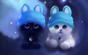 Cute Black and White Kittens Wearing Blue Hats with Yin Yang Pendants HD wallpaper