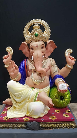 Colorful Ganesha Statue with Golden Crown and Mouse Mount HD phone wallpaper