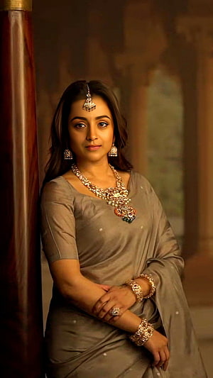 Trisha in a Grey Saree with Traditional Indian Jewelry and Maang Tikka HD phone wallpaper