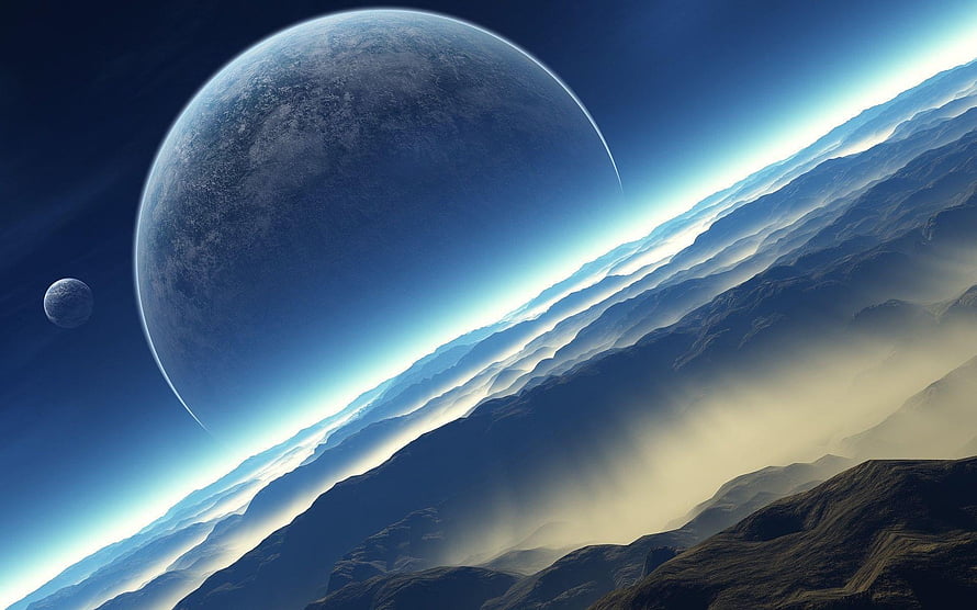 Majestic Alien Planet Horizon With Giant Moon And Mountainous Terrain HD wallpaper