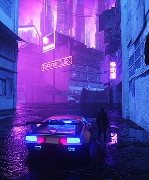 Neon-lit Cyberpunk Alley with Retro Sports Car and Luminous Cityscape HD phone wallpaper