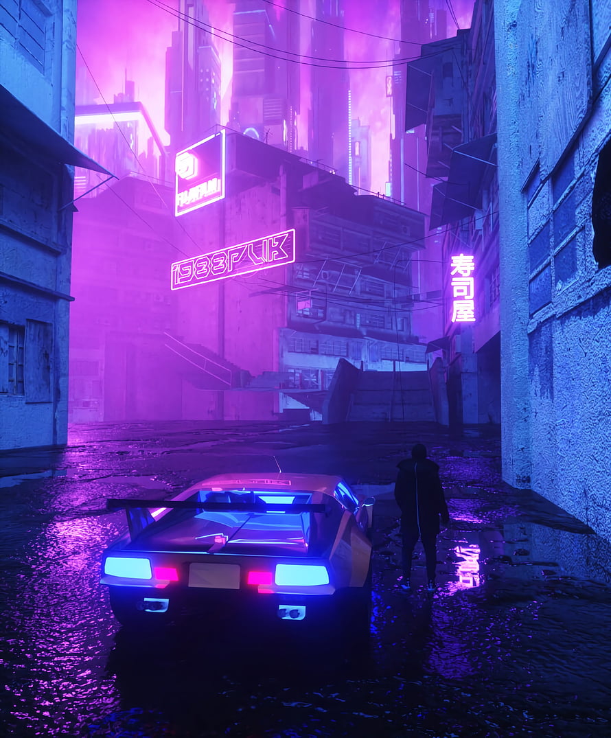 Neon-lit Cyberpunk Alley with Retro Sports Car and Luminous Cityscape HD phone wallpaper
