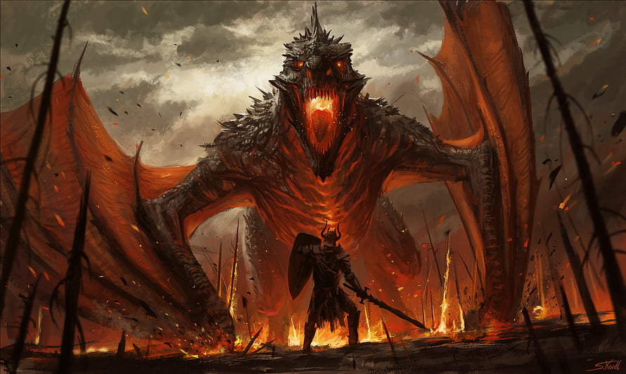 Epic Fantasy Battle: Warrior Confronting Massive Fire Dragon in Burning Wilderness HD wallpaper