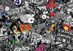 Marvel Comics Sticker Bomb Artwork Featuring Spider-Man, Captain America, and Iron Man HD wallpaper