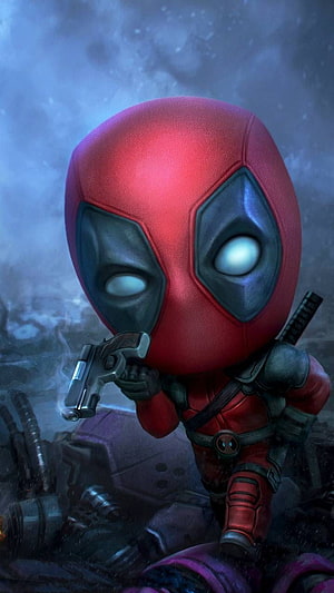 Chibi Deadpool 3D Render Holding Pistol in Dark Industrial Setting HD phone wallpaper