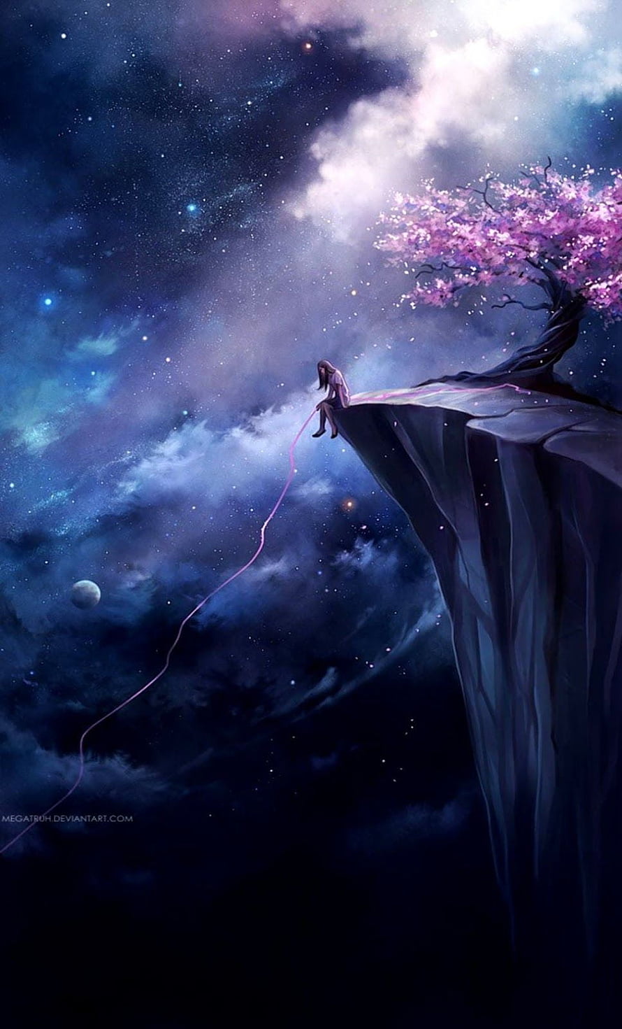 Girl Sitting on Cliff Edge Under Starry Sky with Cherry Blossom Tree HD phone wallpaper