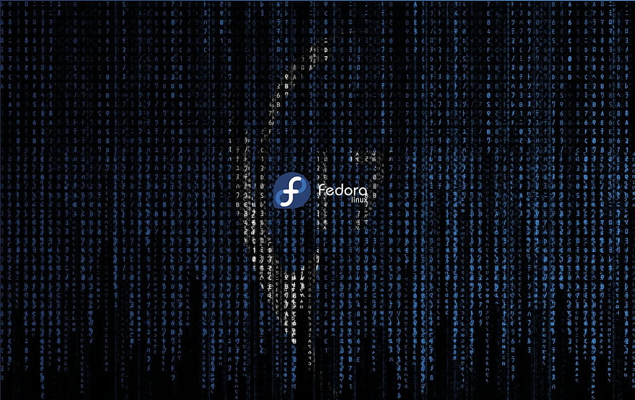 Fedora Linux Logo on Digital Code Rain Background HD wallpaper