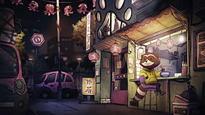 Cute Raccoon Eating Ramen at Nighttime Street Food Stall Illustration HD wallpaper