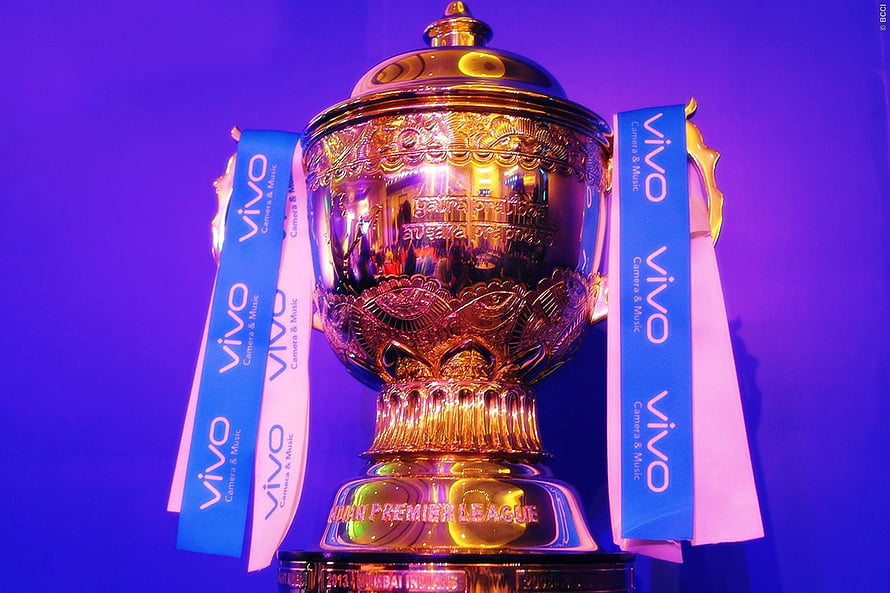 IPL Cricket Championship Trophy with Vivo Sponsor Ribbons on Purple Background HD wallpaper