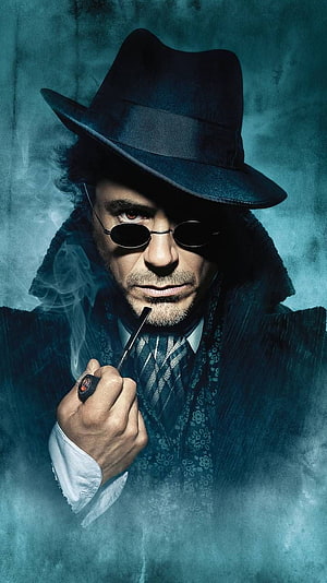 Sherlock Holmes Robert Downey Jr Cigarette Portrait in Fedora and Round Sunglasses HD phone wallpaper