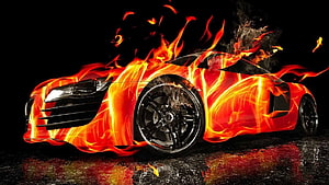 Audi R8 Sports Car Wrapped in Intense Flames and Fire on Dark Background HD wallpaper