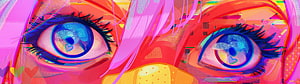 Vibrant Glitch Art Close-Up of Blue Eyes with Heart Reflections and Pink Hair HD wallpaper