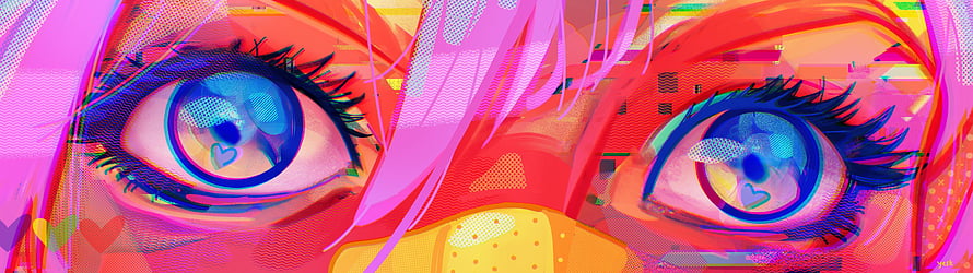 Vibrant Glitch Art Close-Up of Blue Eyes with Heart Reflections and Pink Hair HD wallpaper