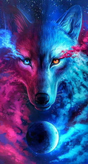 Cosmic Wolf Portrait with Heterochromia and Nebula Background HD phone wallpaper