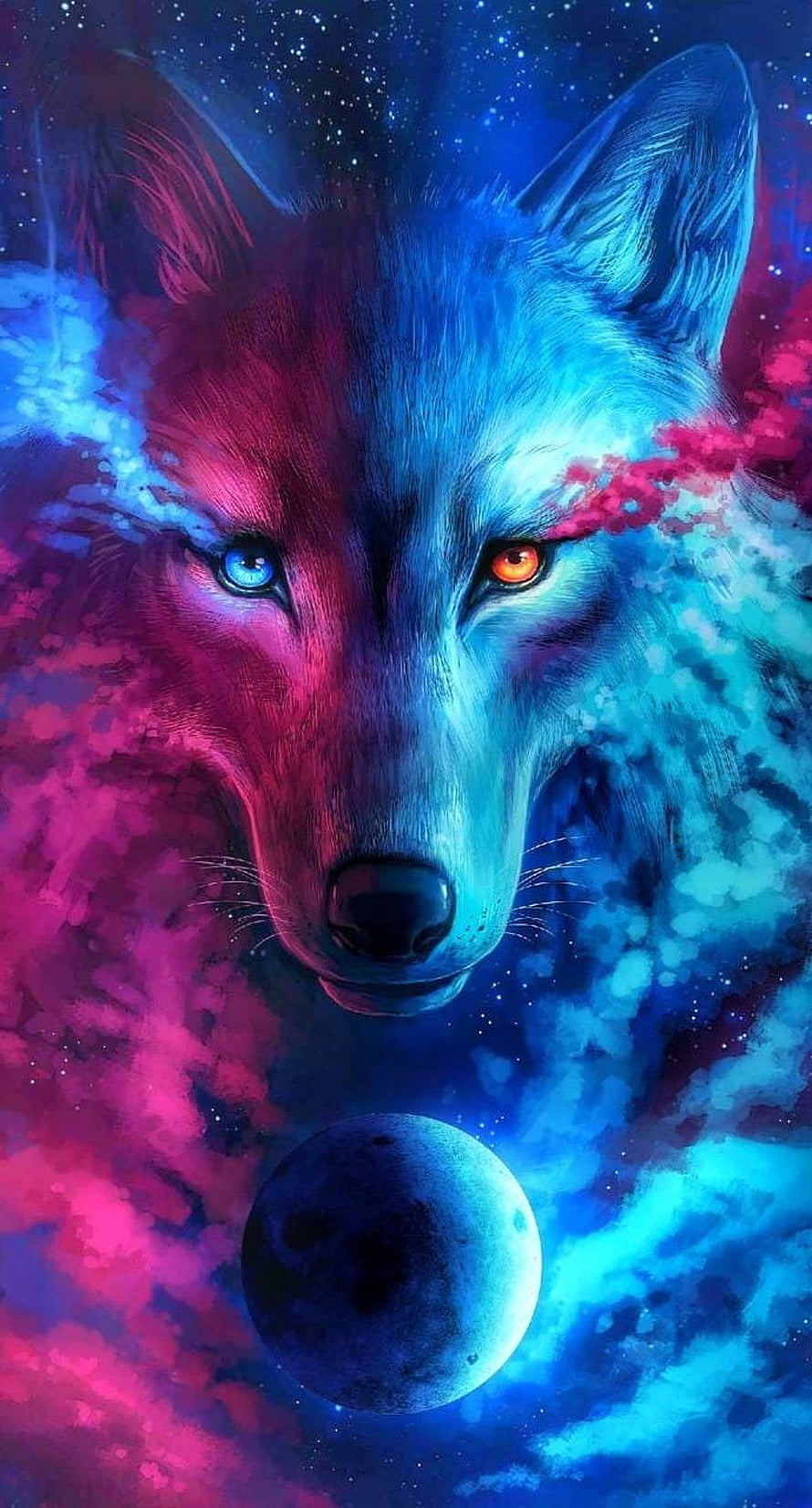 Cosmic Wolf Portrait with Heterochromia and Nebula Background HD phone wallpaper