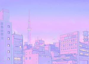 Sailor Moon Cityscape with Tokyo Tower in Pastel Pink and Purple Anime Style HD wallpaper