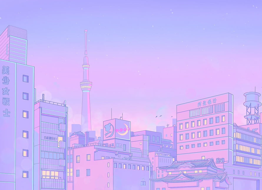 Sailor Moon Cityscape with Tokyo Tower in Pastel Pink and Purple Anime Style HD wallpaper