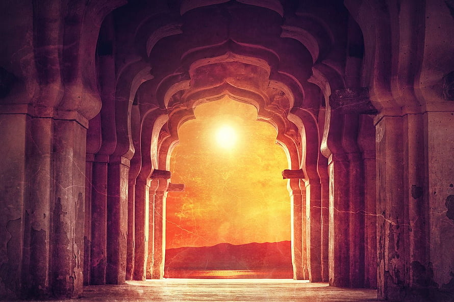 Sunlit Indian Palace Arches With Warm Golden Glow And Ancient Stone Columns HD wallpaper