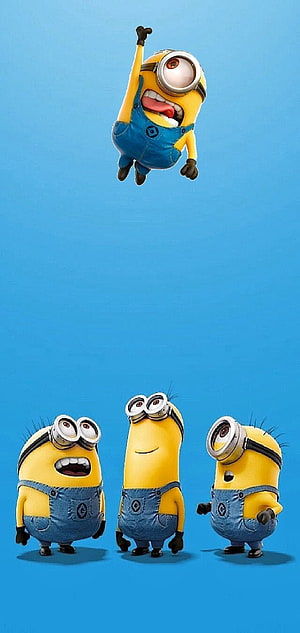 Despicable Me Minions jumping and standing on blue background HD phone wallpaper