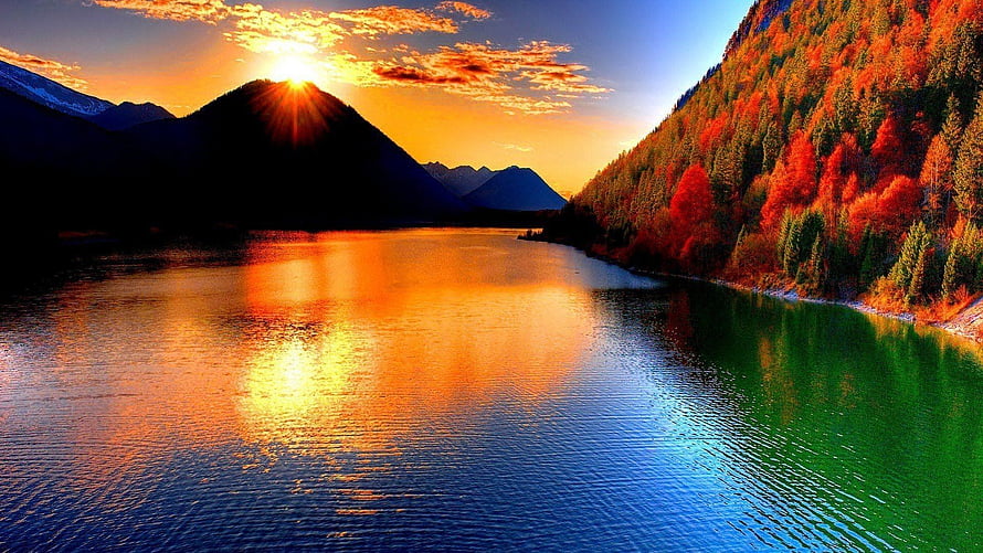 Vibrant Autumn Sunset Over Mountain Lake With Colorful Forest Reflections HD wallpaper