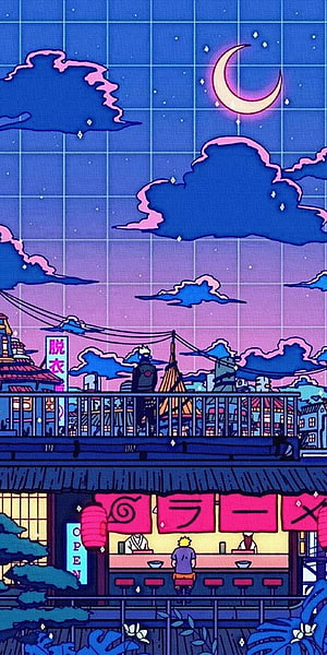 Naruto Uzumaki and Kakashi Hatake at Ichiraku Ramen Shop Retro Synthwave Night Scene HD phone wallpaper
