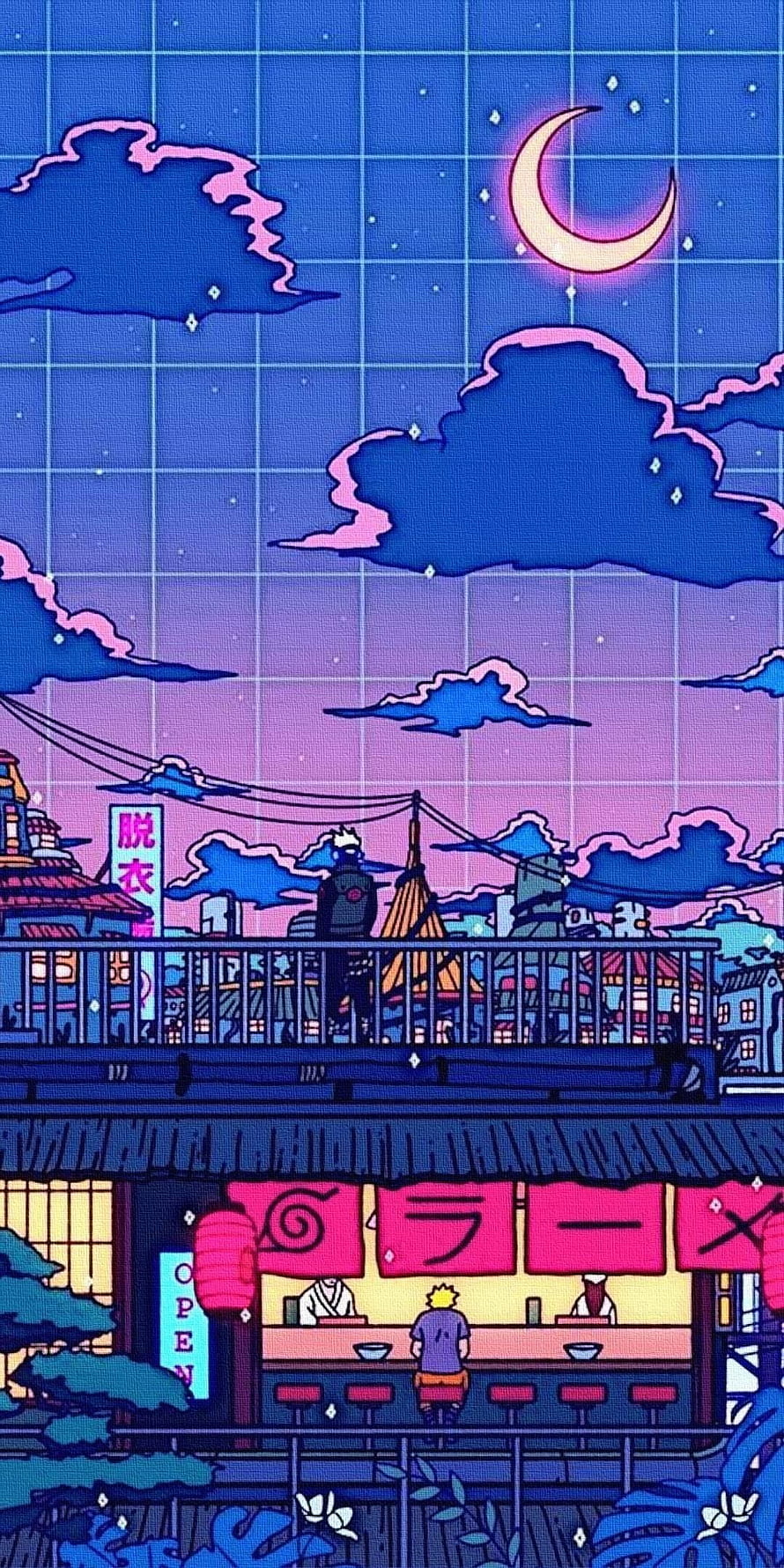 Naruto Uzumaki and Kakashi Hatake at Ichiraku Ramen Shop Retro Synthwave Night Scene HD phone wallpaper