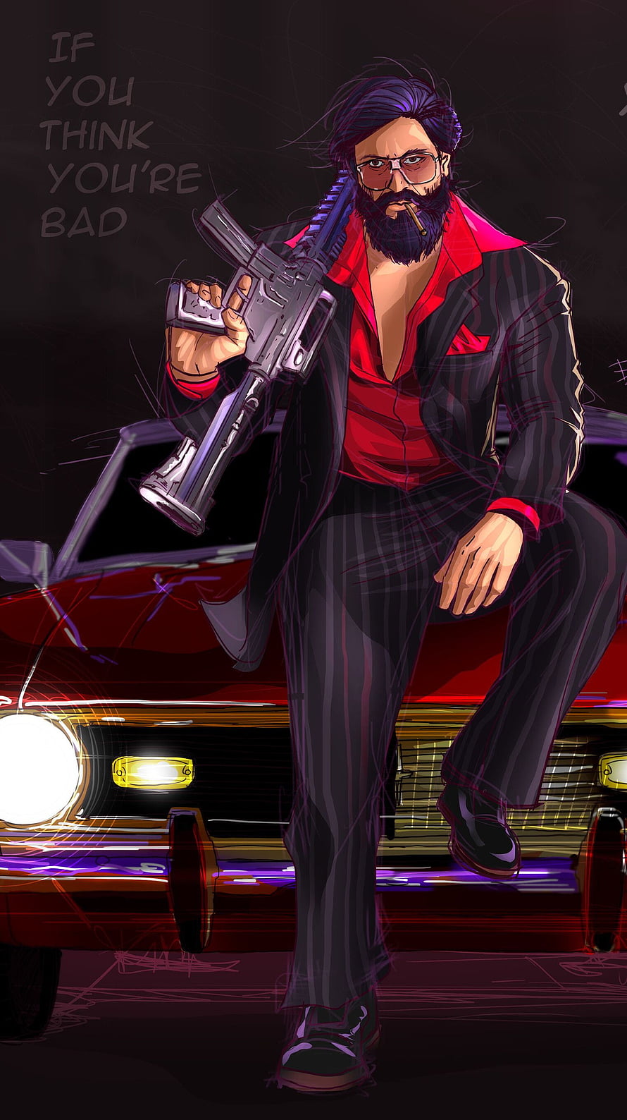 Michael Mando as Hector Salamanca in Breaking Bad and El Camino, illustrated fan art with a red car and assault rifle, Yash, kgf, rocky bhai HD phone wallpaper