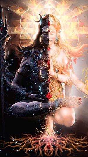 Divine Shiva and Parvati Duality Artwork with Chakra Energy and Sacred Geometry HD phone wallpaper
