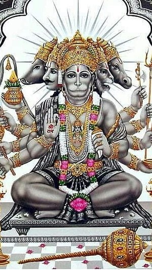 Panchmukhi Hanuman Five-Faced Divine Deity Illustration with Golden Crown and Sacred Symbols, Panchmukhi Hanuman, Panchmukhi HD phone wallpaper