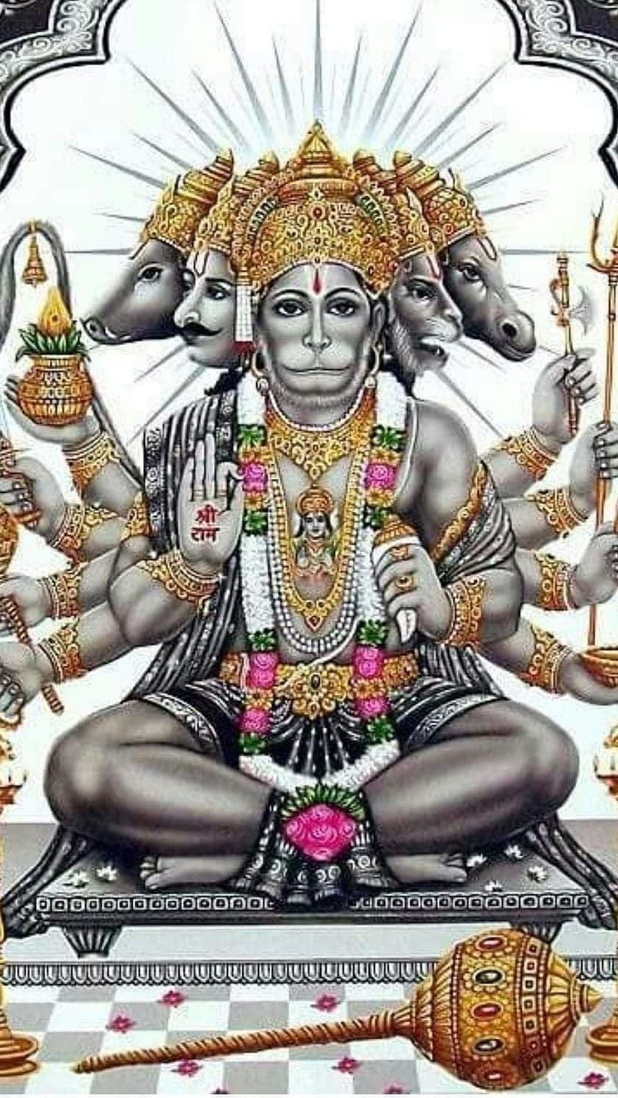Panchmukhi Hanuman Five-Faced Divine Deity Illustration with Golden Crown and Sacred Symbols, Panchmukhi Hanuman, Panchmukhi HD phone wallpaper