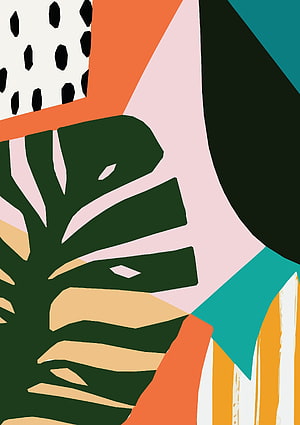 Mid-Century Modern Abstract Composition with Tropical Monstera Leaf and Geometric Shapes HD phone wallpaper