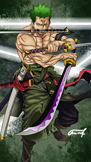 Roronoa Zoro wielding three swords in dynamic battle stance anime wallpaper HD phone wallpaper