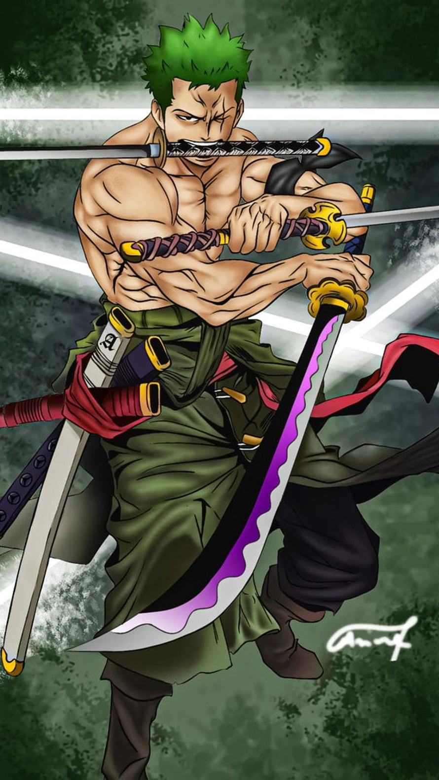 Roronoa Zoro wielding three swords in dynamic battle stance anime wallpaper HD phone wallpaper