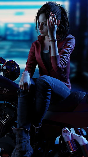 Claire Redfield from Resident Evil 2 Remake Sitting on a Motorcycle in a Dark Urban Setting HD phone wallpaper