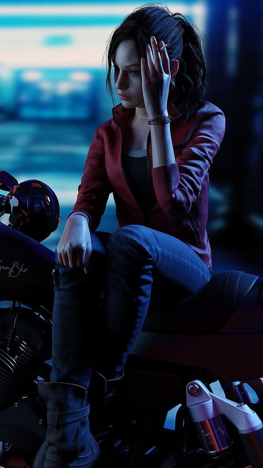 Claire Redfield from Resident Evil 2 Remake Sitting on a Motorcycle in a Dark Urban Setting HD phone wallpaper