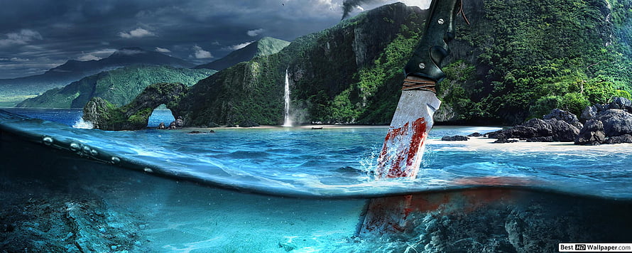 Far Cry 3 Tropical Island with Blood-Stained Machete and Waterfall HD wallpaper